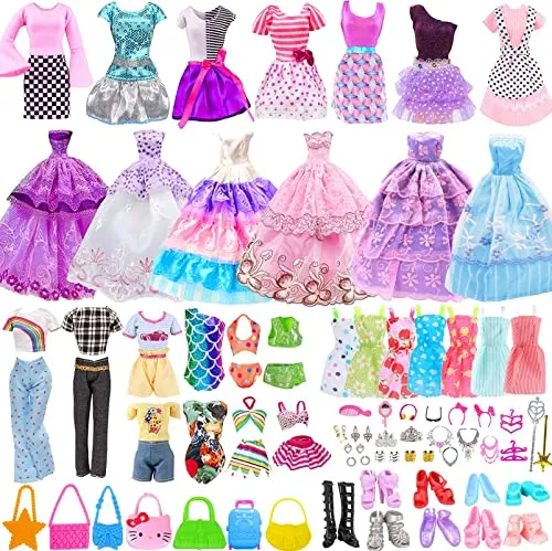 56 Set Abbigliamento e Accessori per Barbie Doll, Accessori per Bambole Mini Vestiti Abiti Pantaloni Bikini Scarpe Borsa Accesso