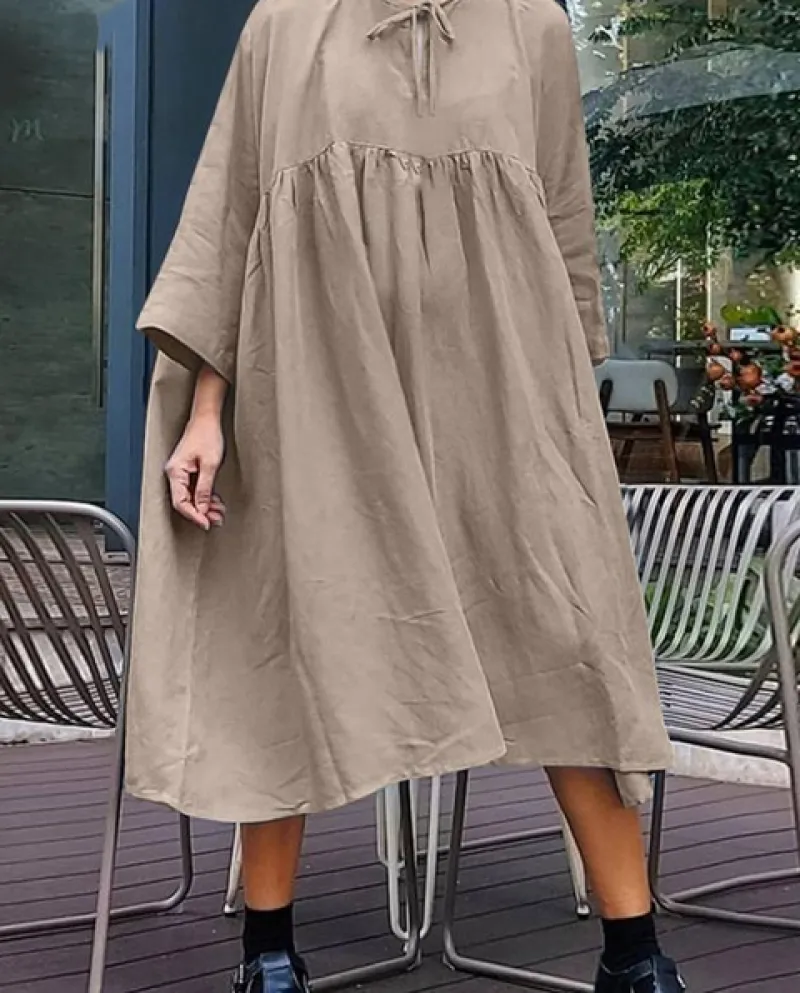 Abito a mezza manica in morbido cotone tinta unita retrò Abito lungo da donna con allacciatura o collo Abito lungo elegante casu