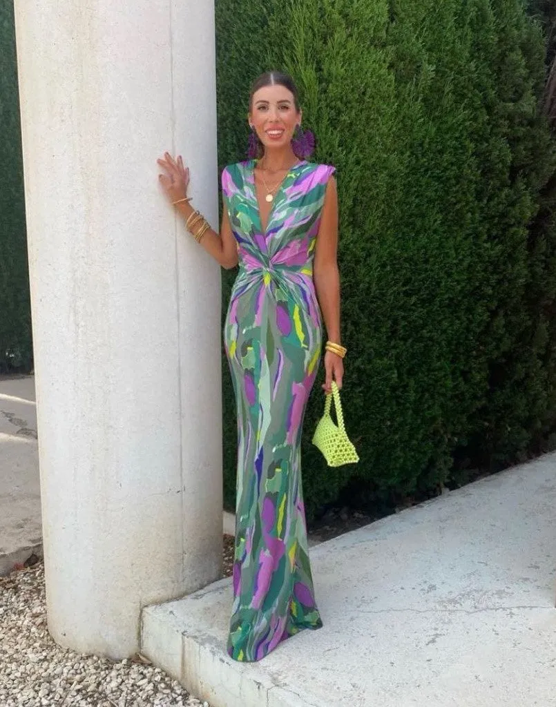 Abito Donna Lungo Scollo V Bretelle Schiena Scoperta Multicolore Nodo Stampa Elegante