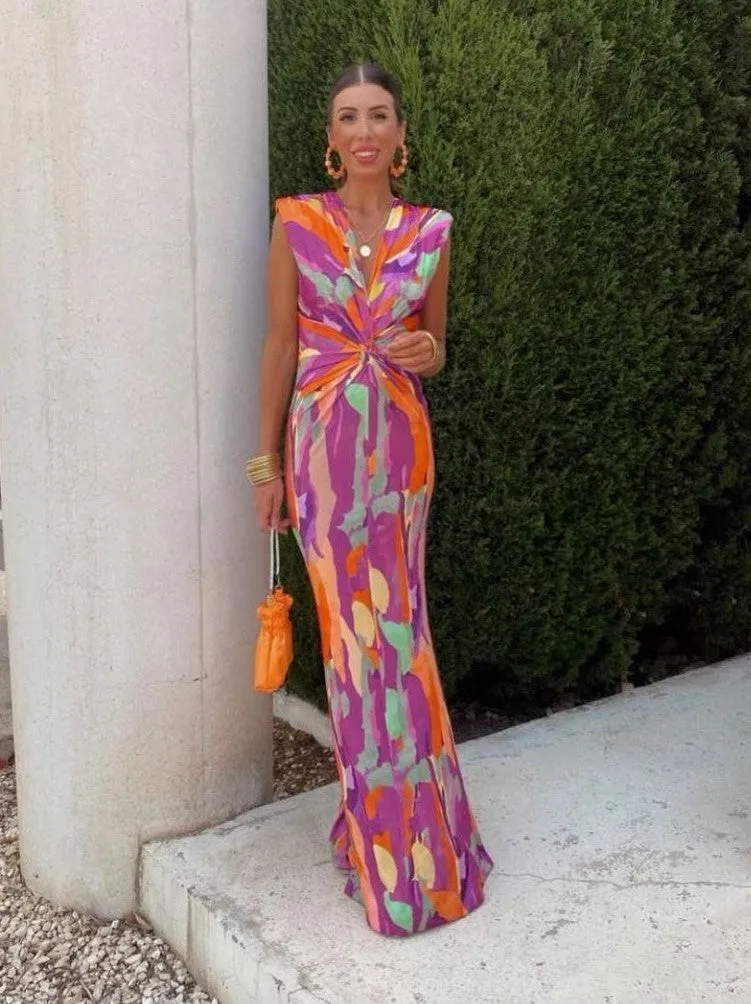 Abito Donna Lungo Scollo V Bretelle Schiena Scoperta Multicolore Nodo Stampa Elegante