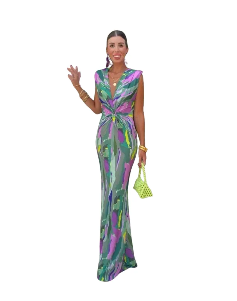 Abito Donna Lungo Scollo V Bretelle Schiena Scoperta Multicolore Nodo Stampa Elegante
