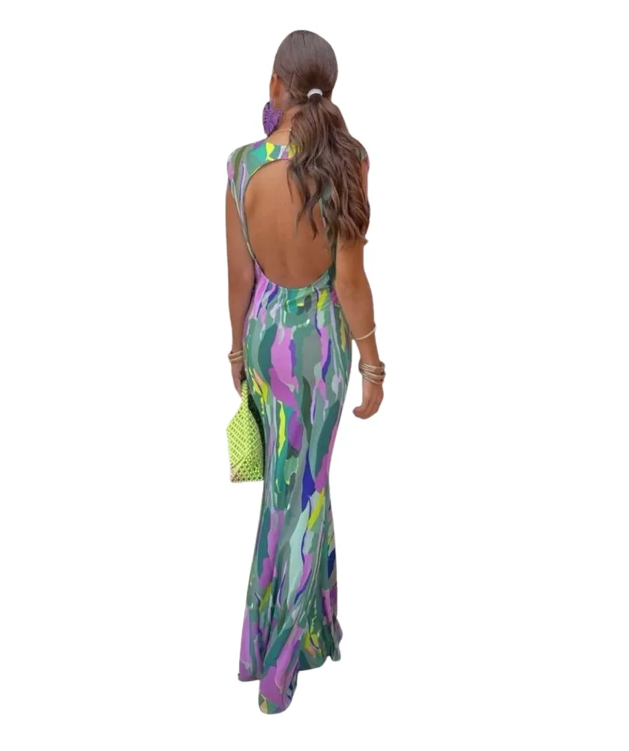 Abito Donna Lungo Scollo V Bretelle Schiena Scoperta Multicolore Nodo Stampa Elegante