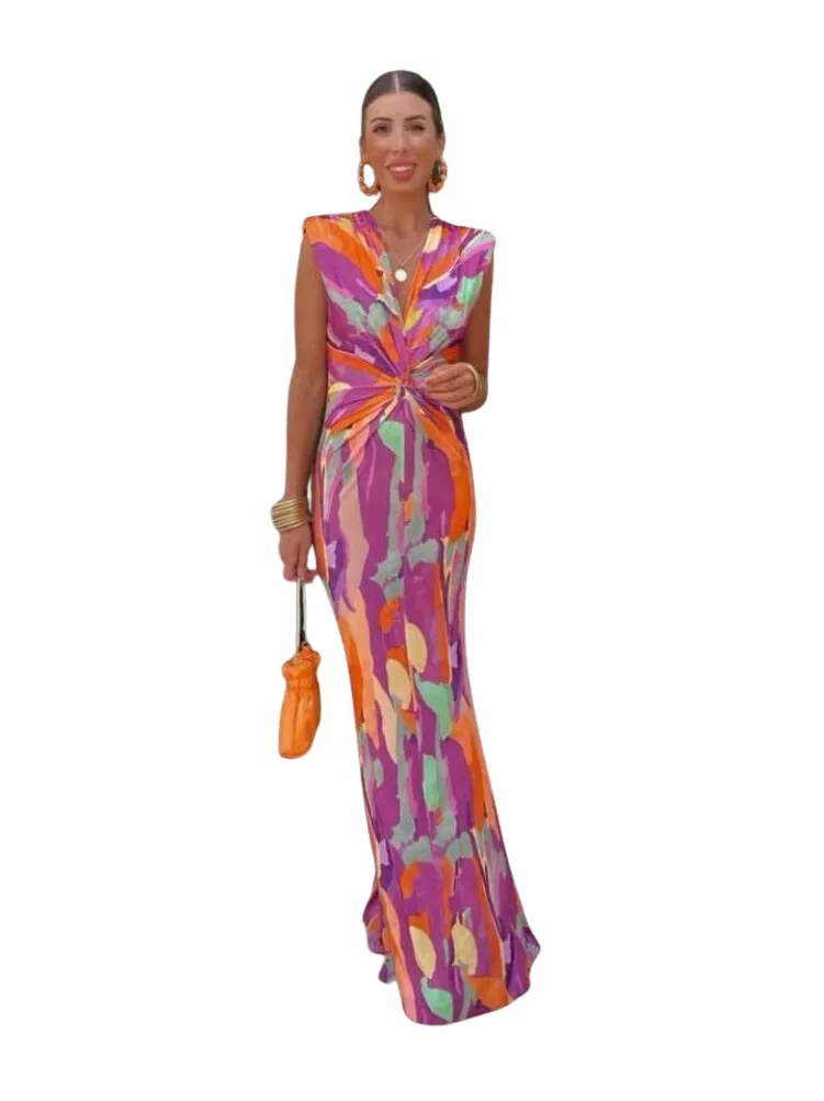 Abito Donna Lungo Scollo V Bretelle Schiena Scoperta Multicolore Nodo Stampa Elegante