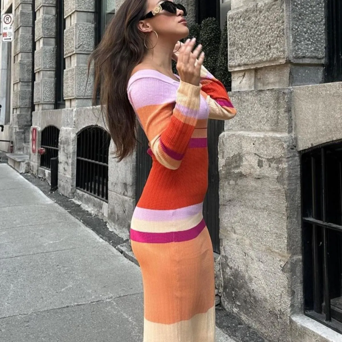 Abito lungo a righe in maglia svasata per donna Abito lungo elegante autunnale a maniche lunghe a vita alta a contrasto