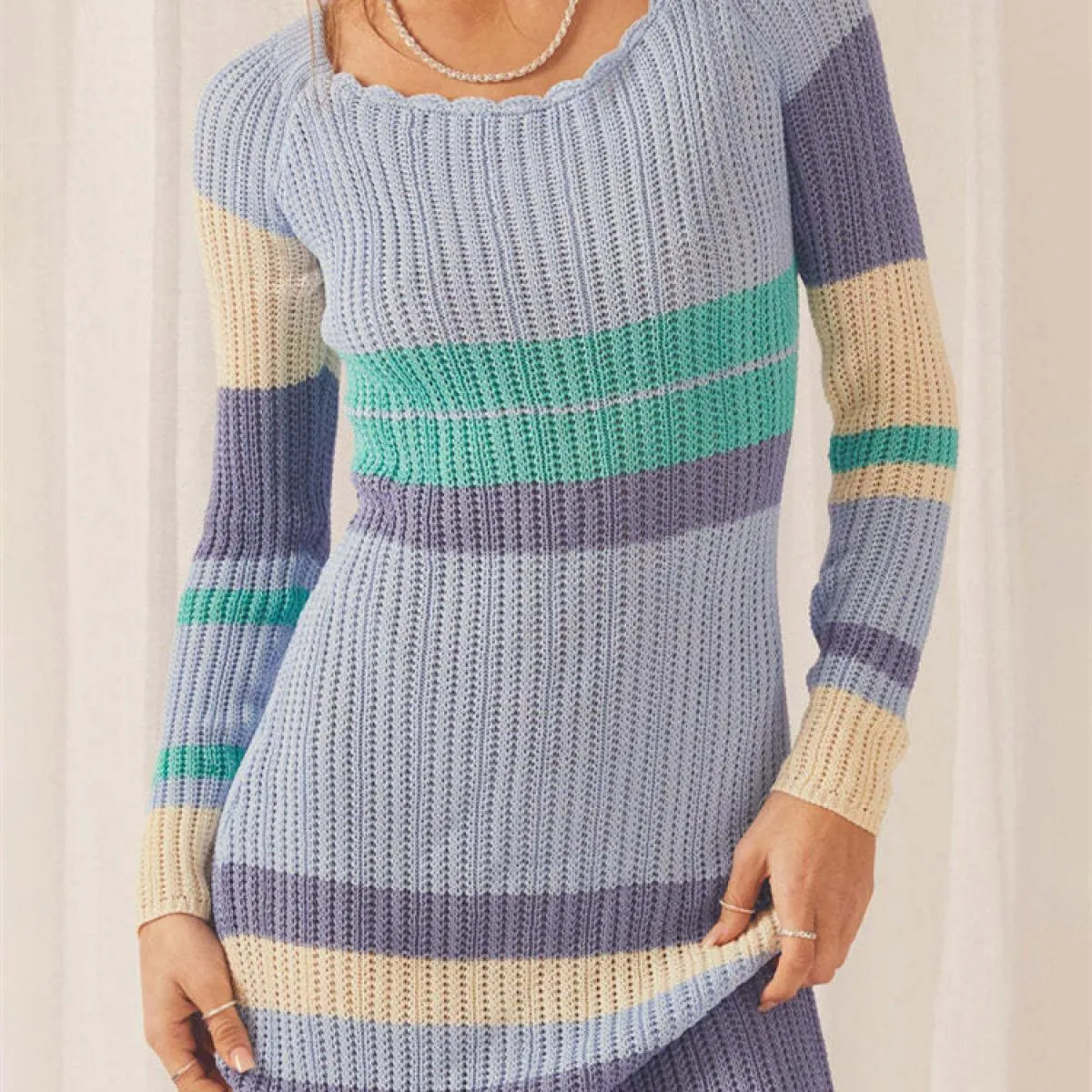 Abito lungo a righe in maglia svasata per donna Abito lungo elegante autunnale a maniche lunghe a vita alta a contrasto