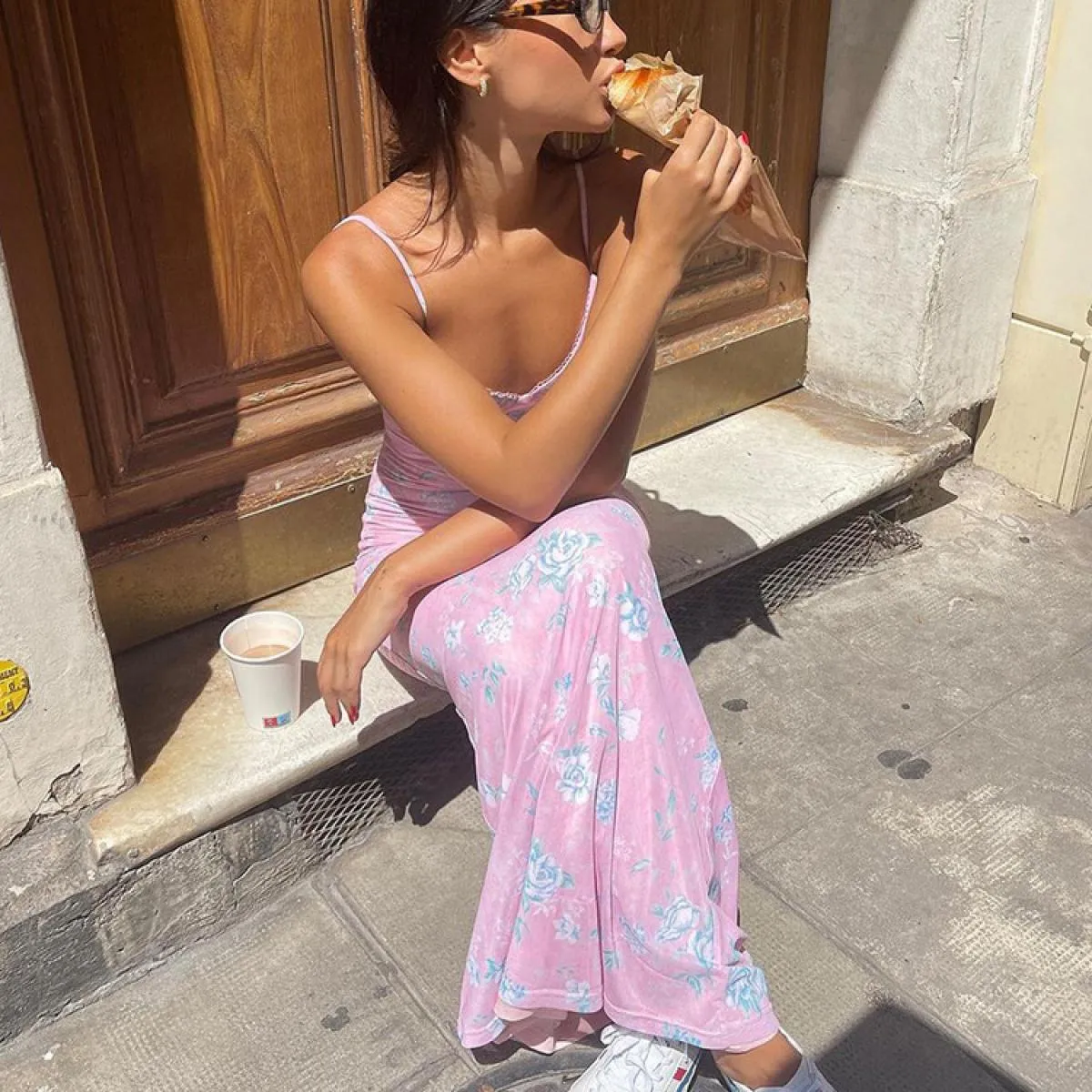Abito lungo da donna con scollo a V, cinturino per spaghetti, stampa floreale, elegante abito lungo da donna, senza manich
