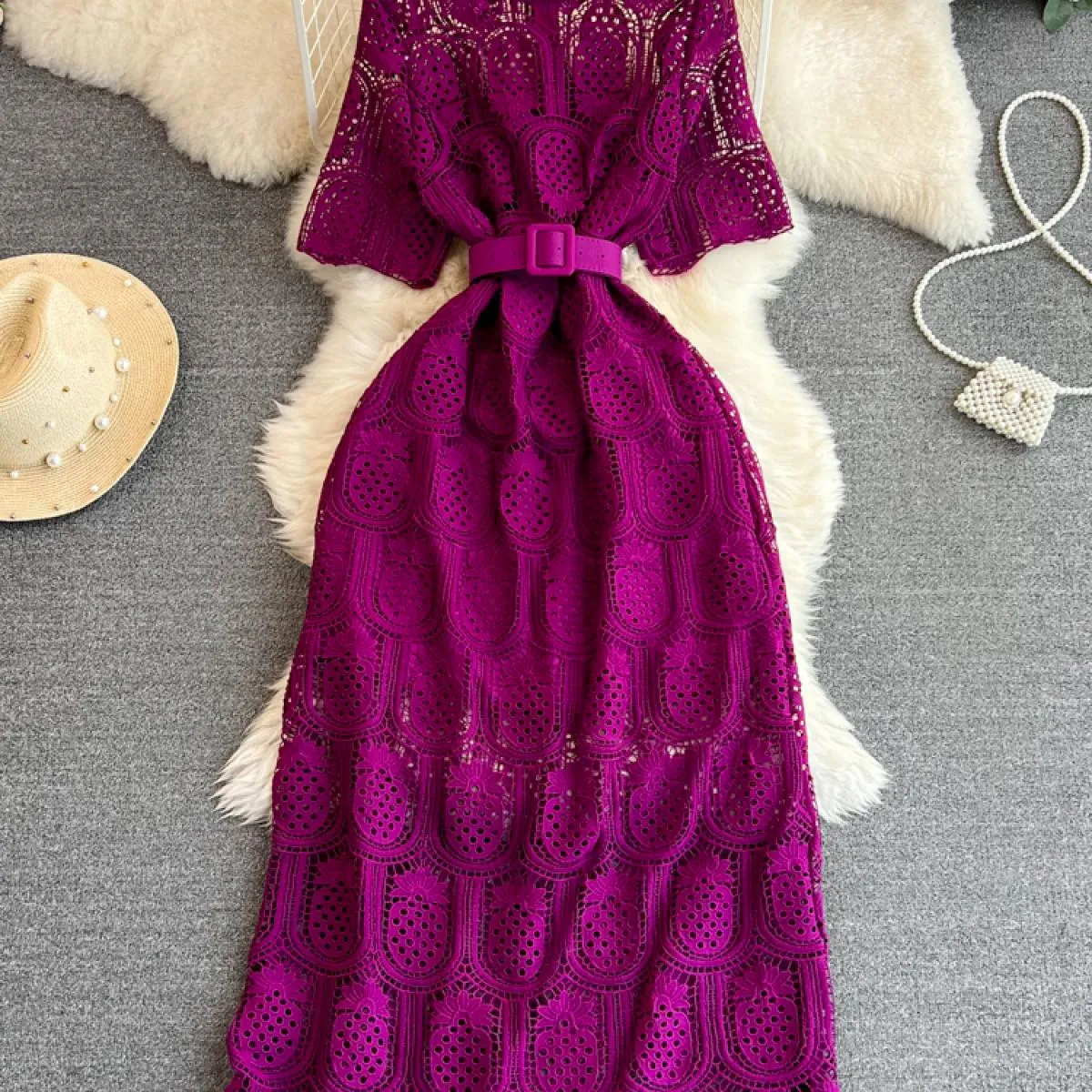 Abito lungo da donna vintage vintage in pizzo cavo viola/rosso/bianco abito lungo femminile elegante con scollo tondo e manica c
