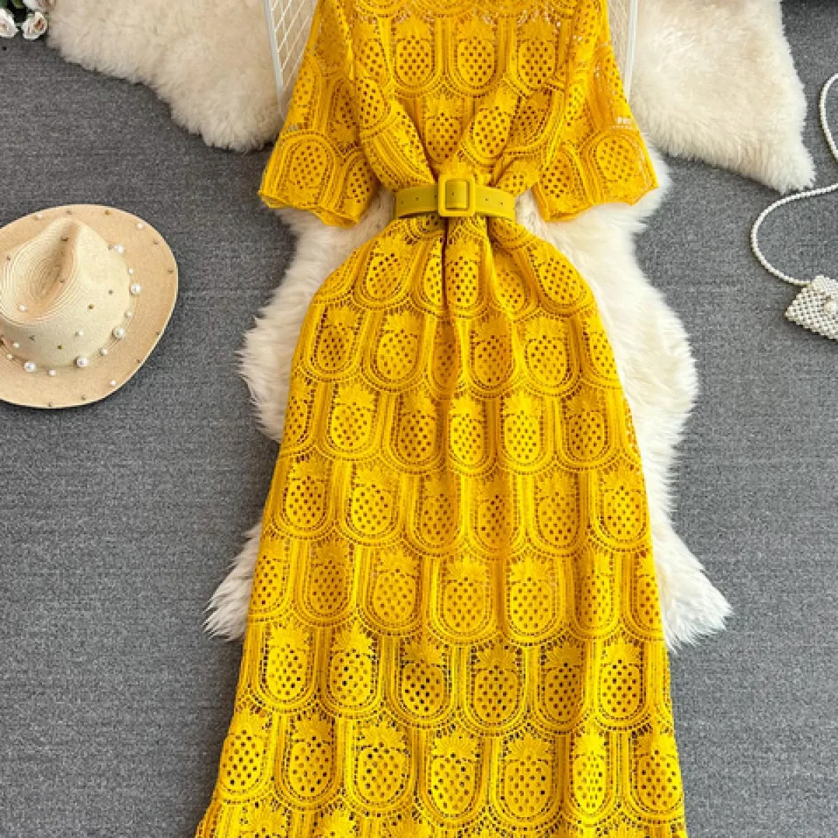 Abito lungo da donna vintage vintage in pizzo cavo viola/rosso/bianco abito lungo femminile elegante con scollo tondo e manica c