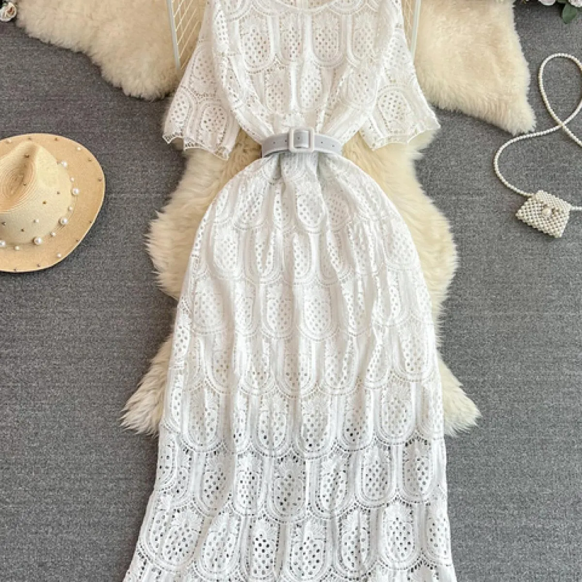 Abito lungo da donna vintage vintage in pizzo cavo viola/rosso/bianco abito lungo femminile elegante con scollo tondo e manica c