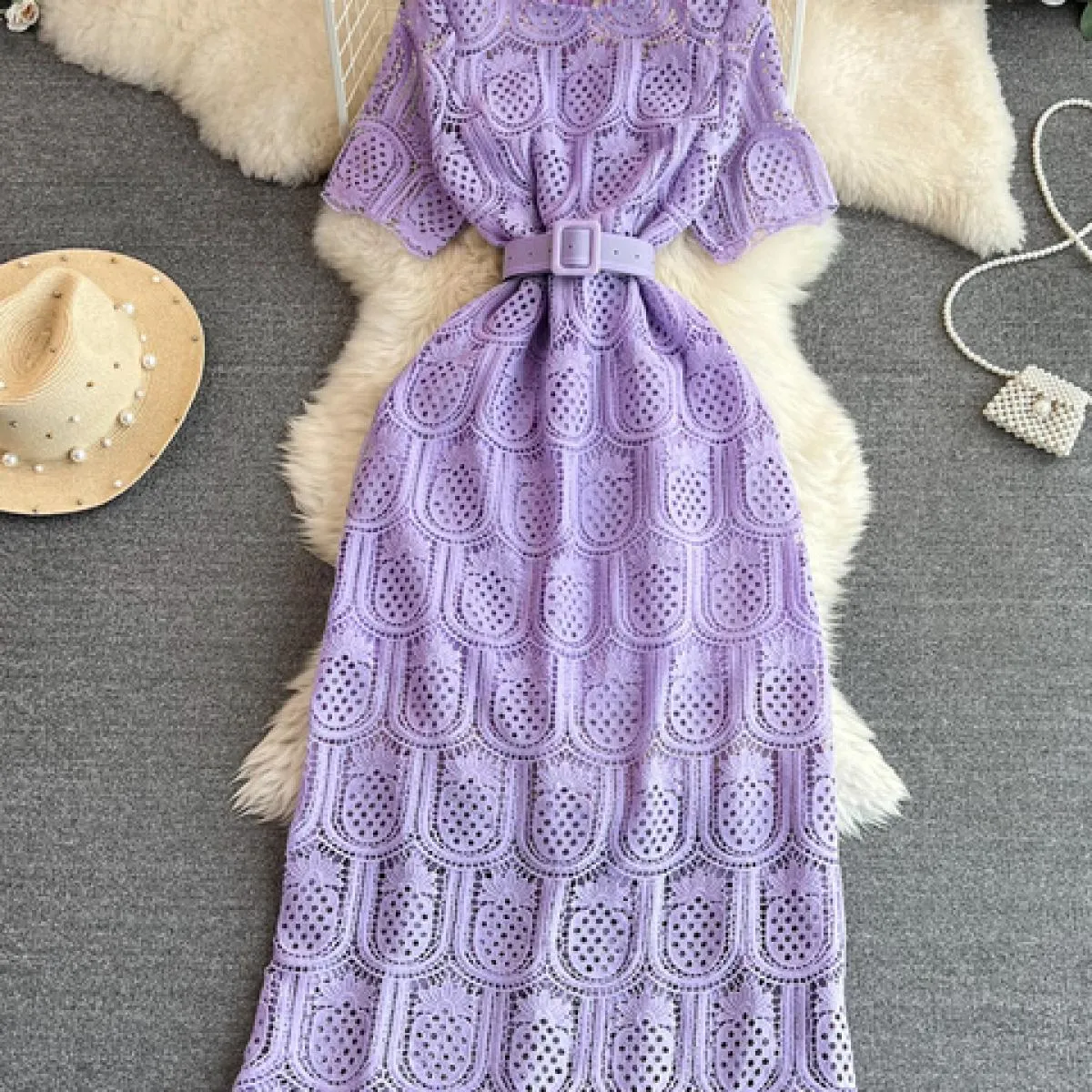 Abito lungo da donna vintage vintage in pizzo cavo viola/rosso/bianco abito lungo femminile elegante con scollo tondo e manica c
