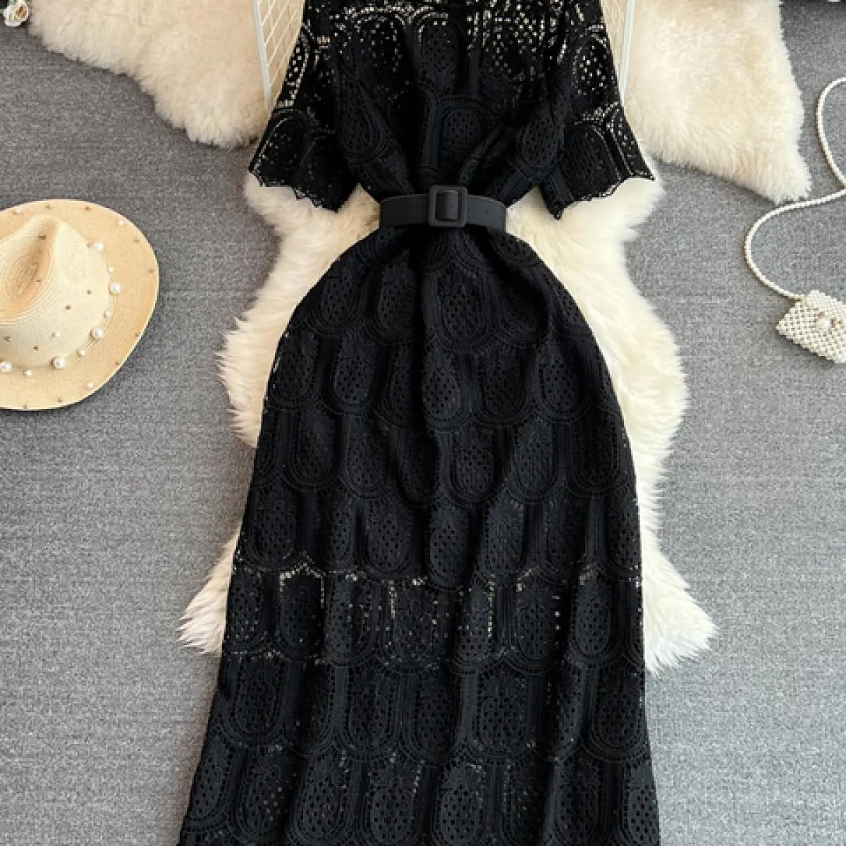 Abito lungo da donna vintage vintage in pizzo cavo viola/rosso/bianco abito lungo femminile elegante con scollo tondo e manica c
