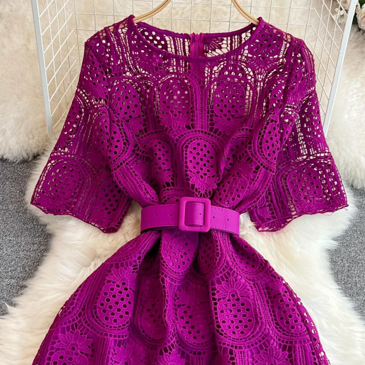 Abito lungo da donna vintage vintage in pizzo cavo viola/rosso/bianco abito lungo femminile elegante con scollo tondo e manica c