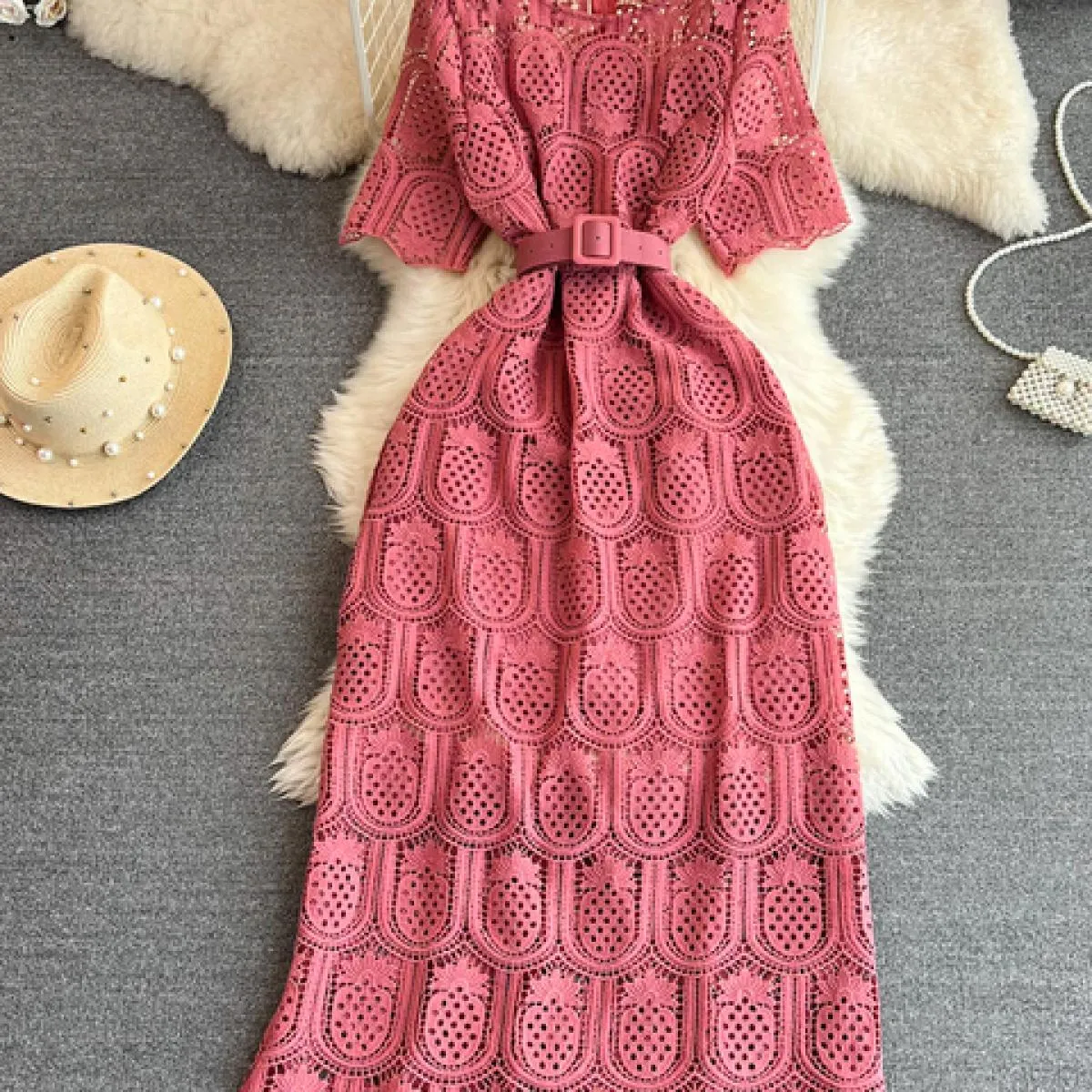 Abito lungo da donna vintage vintage in pizzo cavo viola/rosso/bianco abito lungo femminile elegante con scollo tondo e manica c