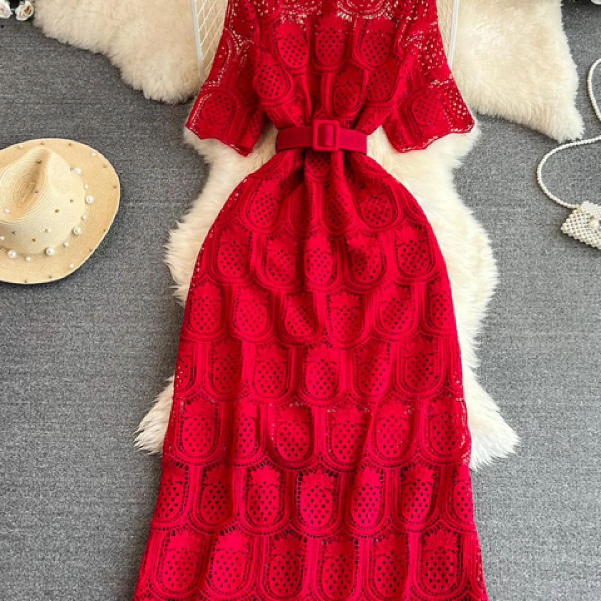 Abito lungo da donna vintage vintage in pizzo cavo viola/rosso/bianco abito lungo femminile elegante con scollo tondo e manica c