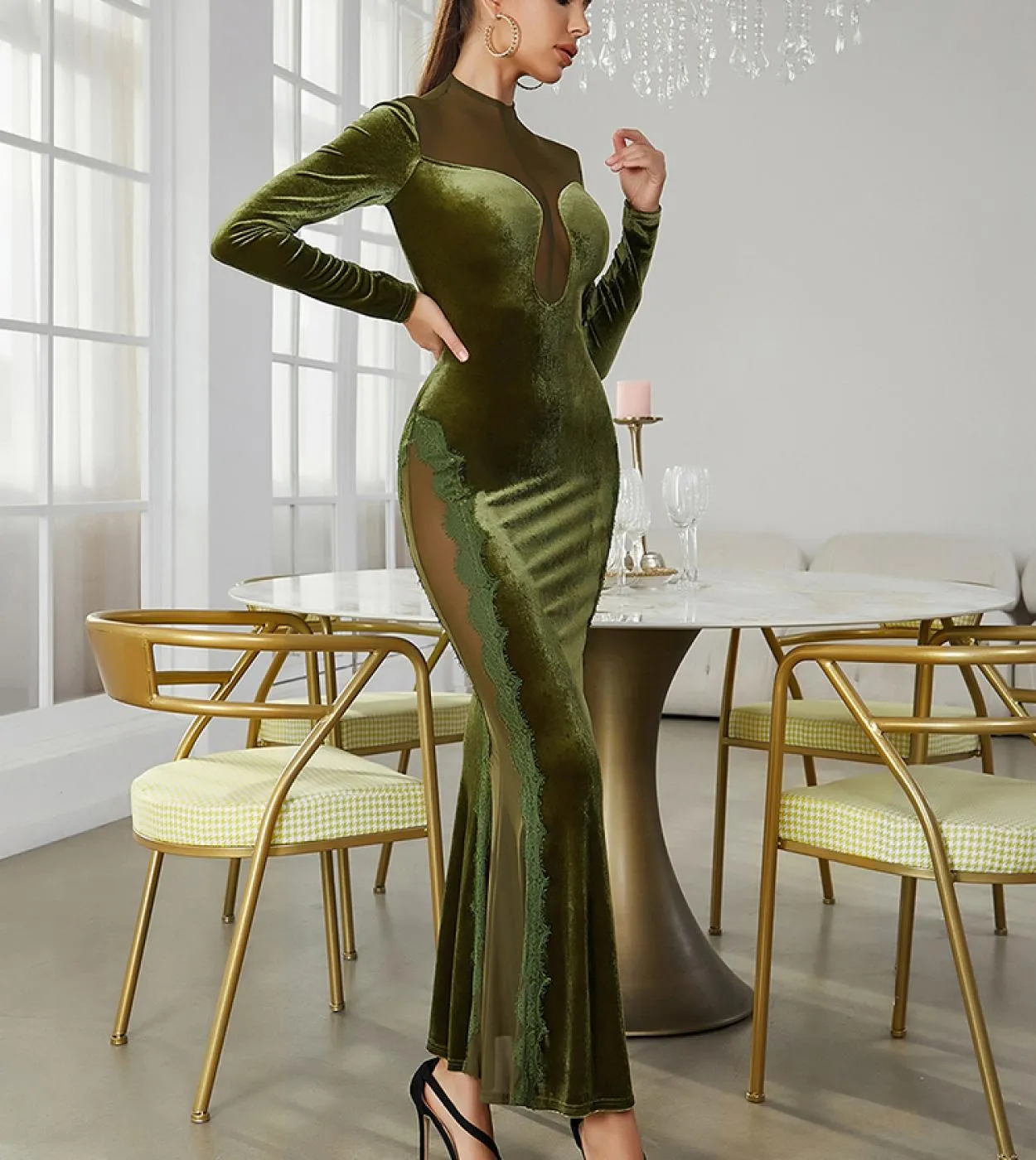 Abito lungo in maglia a maniche lunghe con scollo a V Elegante abito lungo in velluto patchwork di pizzo verde militare Abito da