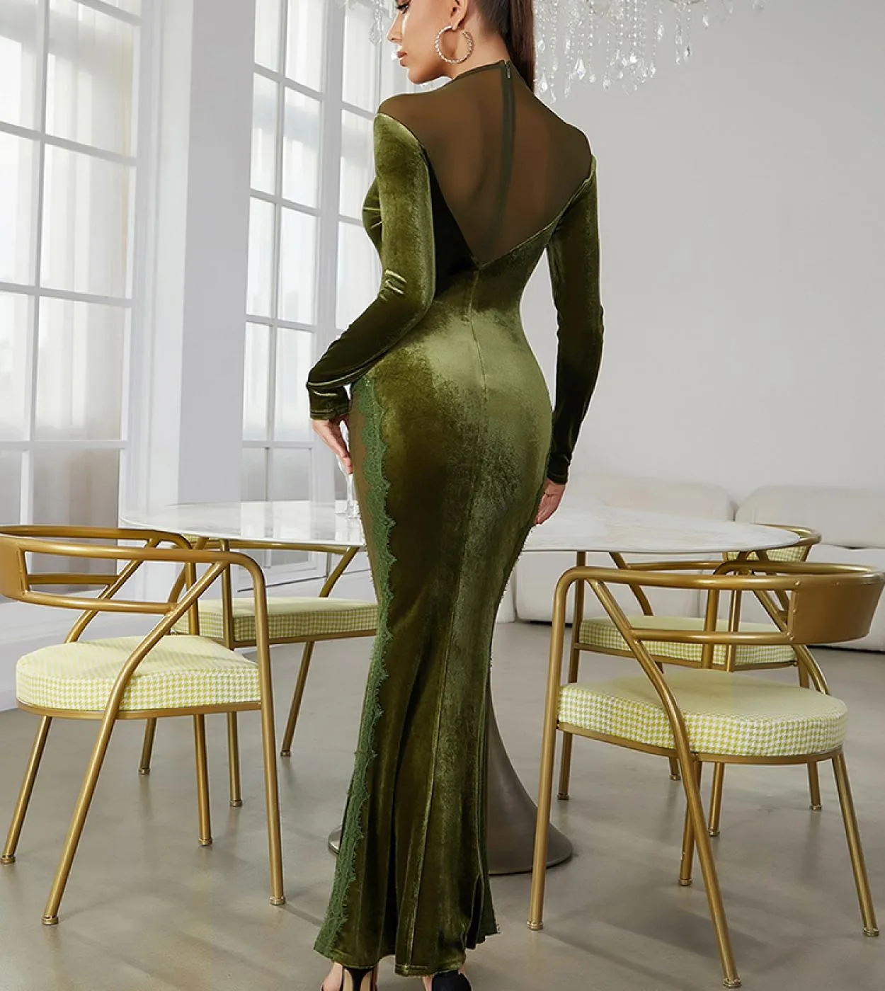 Abito lungo in maglia a maniche lunghe con scollo a V Elegante abito lungo in velluto patchwork di pizzo verde militare Abito da