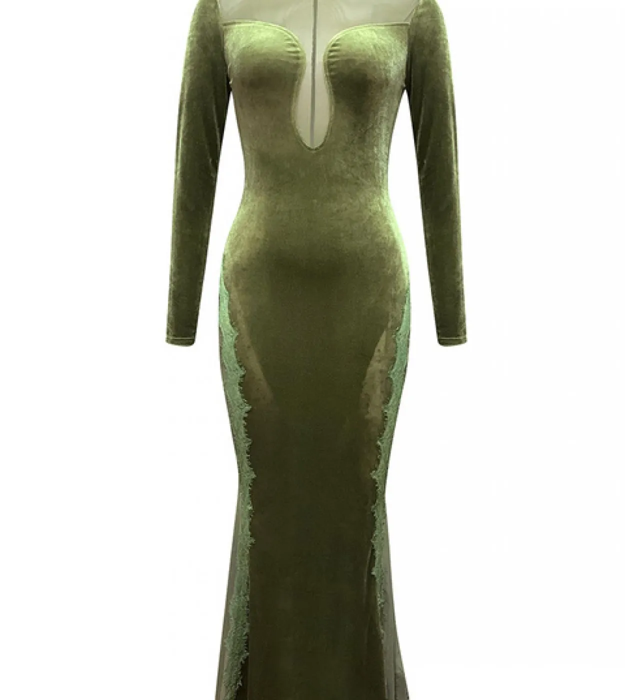 Abito lungo in maglia a maniche lunghe con scollo a V Elegante abito lungo in velluto patchwork di pizzo verde militare Abito da