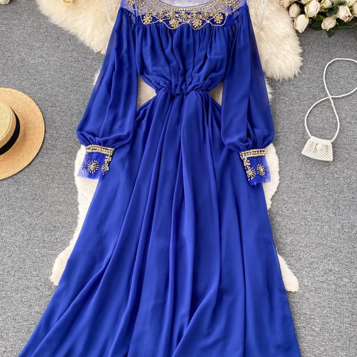 Abito lungo patchwork in rete con perline da donna autunno Abito lungo elegante con scollo tondo di lusso con maniche a lanterna
