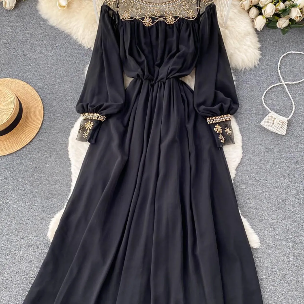 Abito lungo patchwork in rete con perline da donna autunno Abito lungo elegante con scollo tondo di lusso con maniche a lanterna