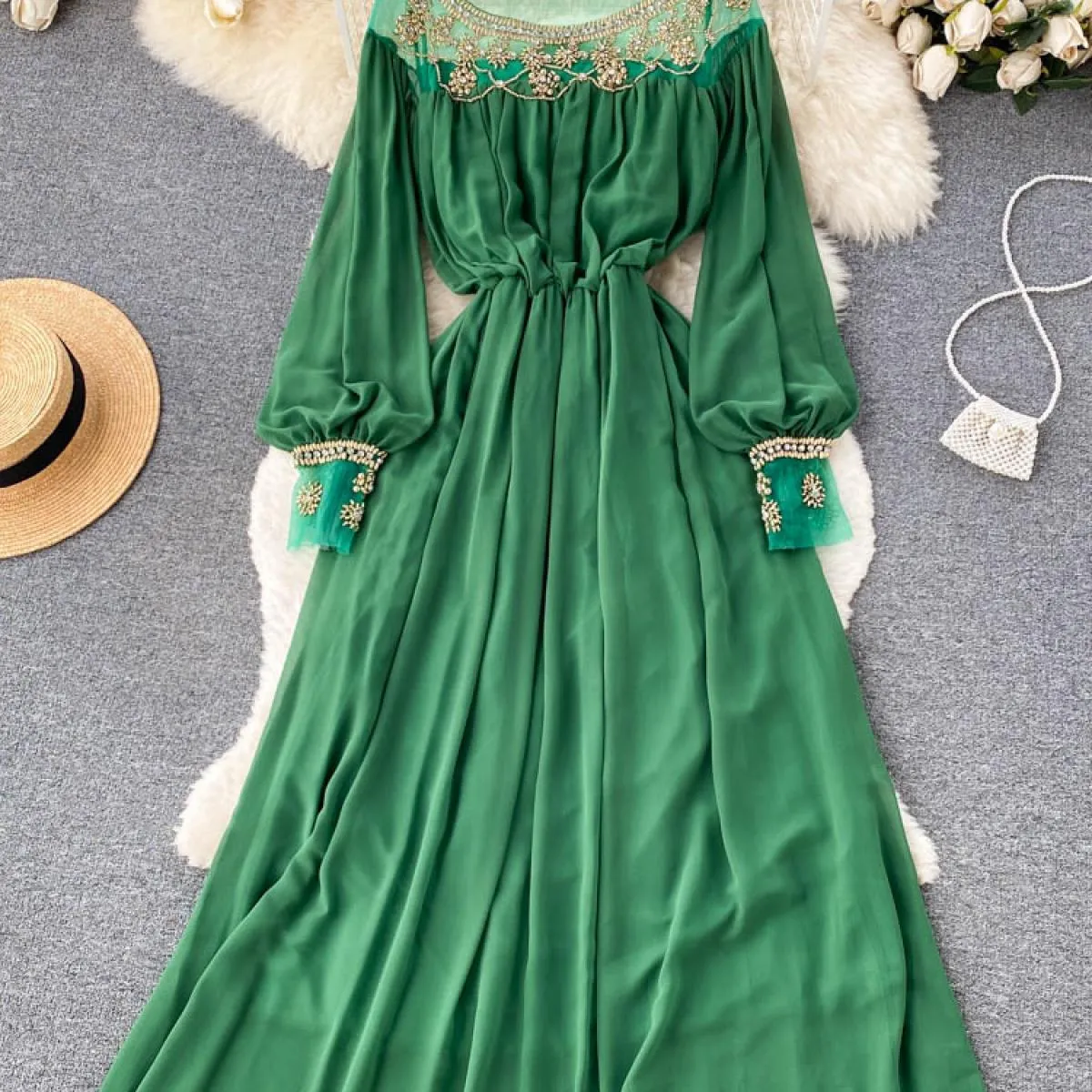 Abito lungo patchwork in rete con perline da donna autunno Abito lungo elegante con scollo tondo di lusso con maniche a lanterna