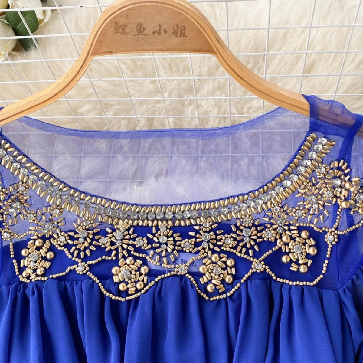 Abito lungo patchwork in rete con perline da donna autunno Abito lungo elegante con scollo tondo di lusso con maniche a lanterna