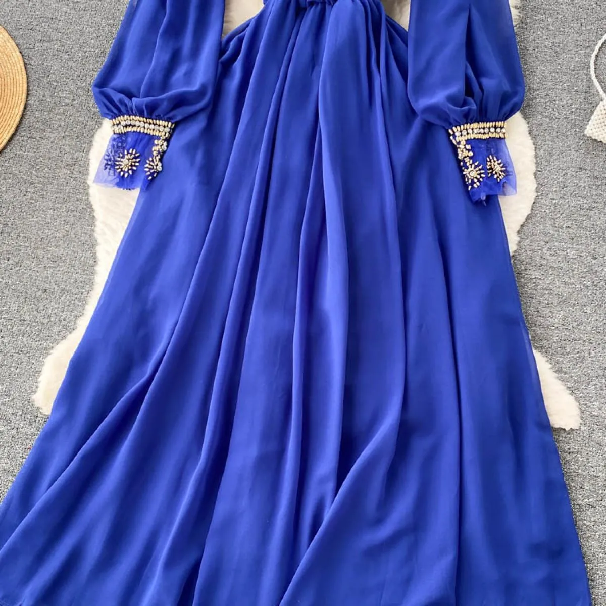 Abito lungo patchwork in rete con perline da donna autunno Abito lungo elegante con scollo tondo di lusso con maniche a lanterna