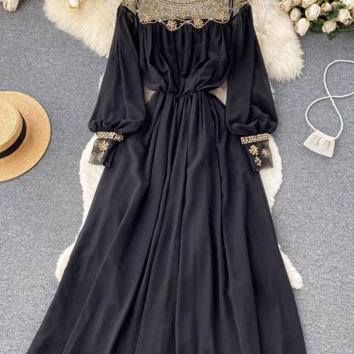 Abito lungo patchwork in rete con perline da donna autunno Abito lungo elegante con scollo tondo di lusso con maniche a lanterna