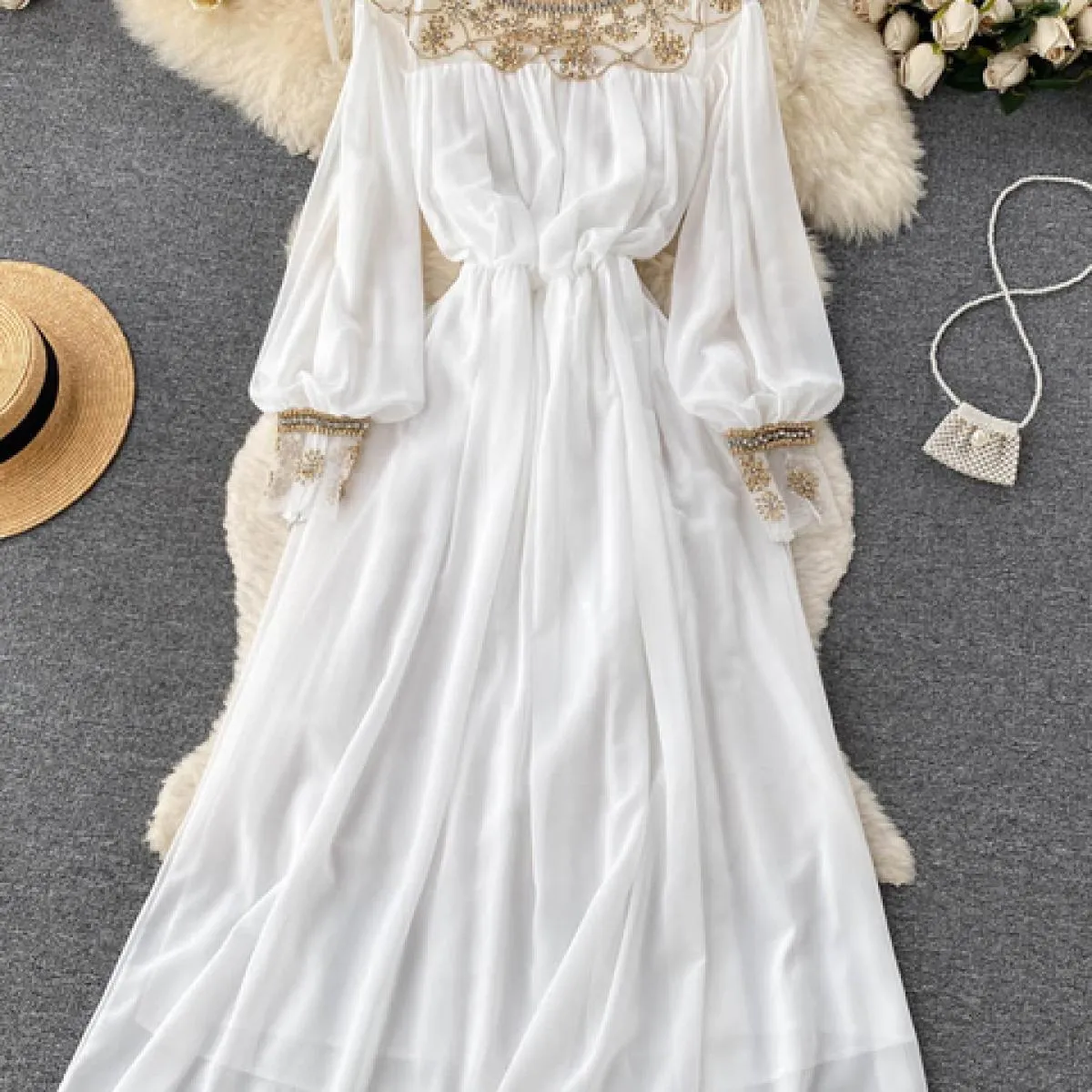 Abito lungo patchwork in rete con perline da donna autunno Abito lungo elegante con scollo tondo di lusso con maniche a lanterna