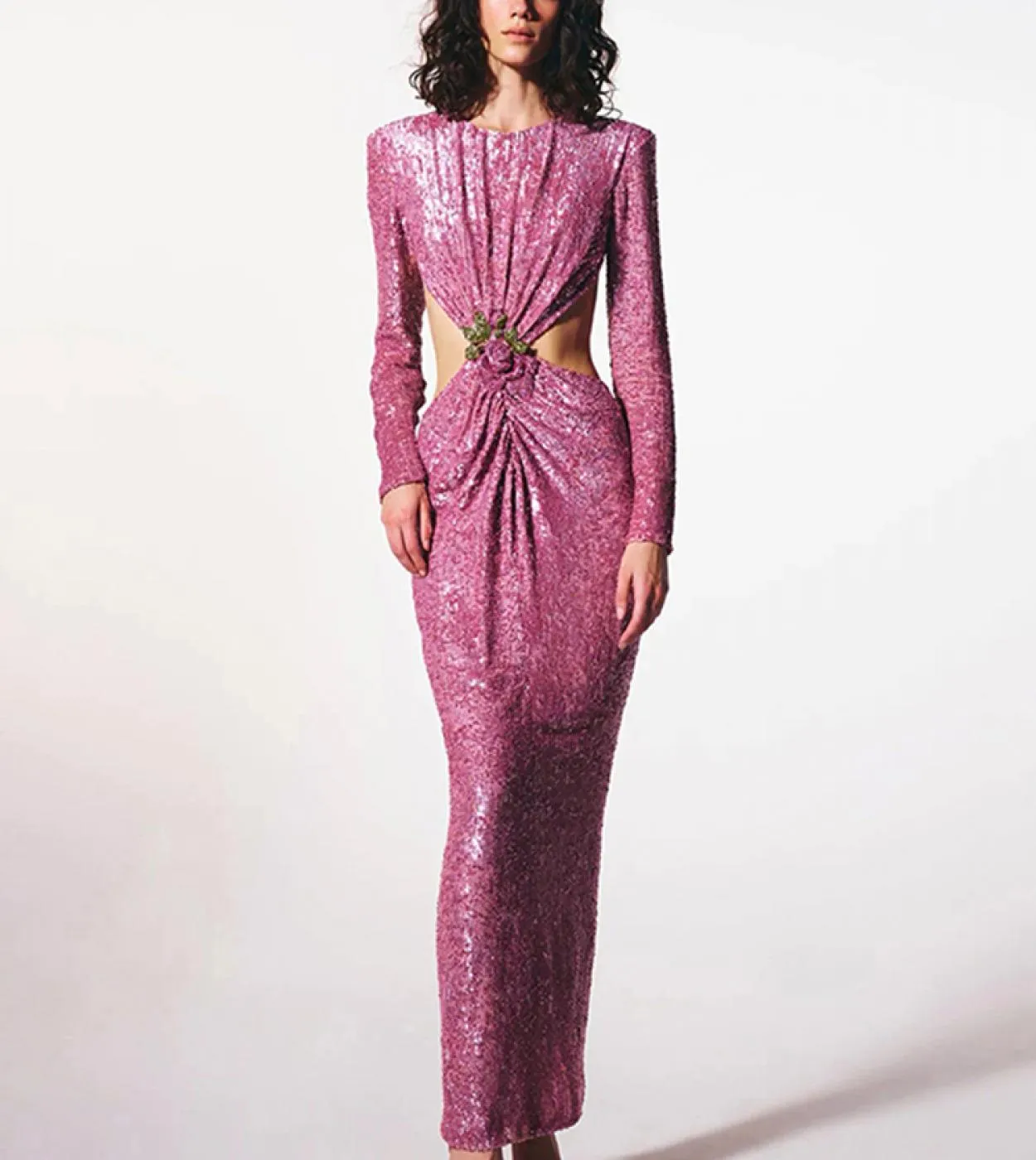 Abito lungo senza schienale con paillettes lucide Elegante abito lungo con fibbia a fiori a maniche lunghe con un collo elegante