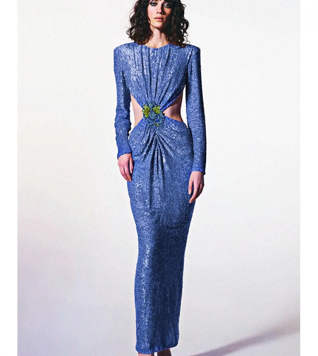 Abito lungo senza schienale con paillettes lucide Elegante abito lungo con fibbia a fiori a maniche lunghe con un collo elegante