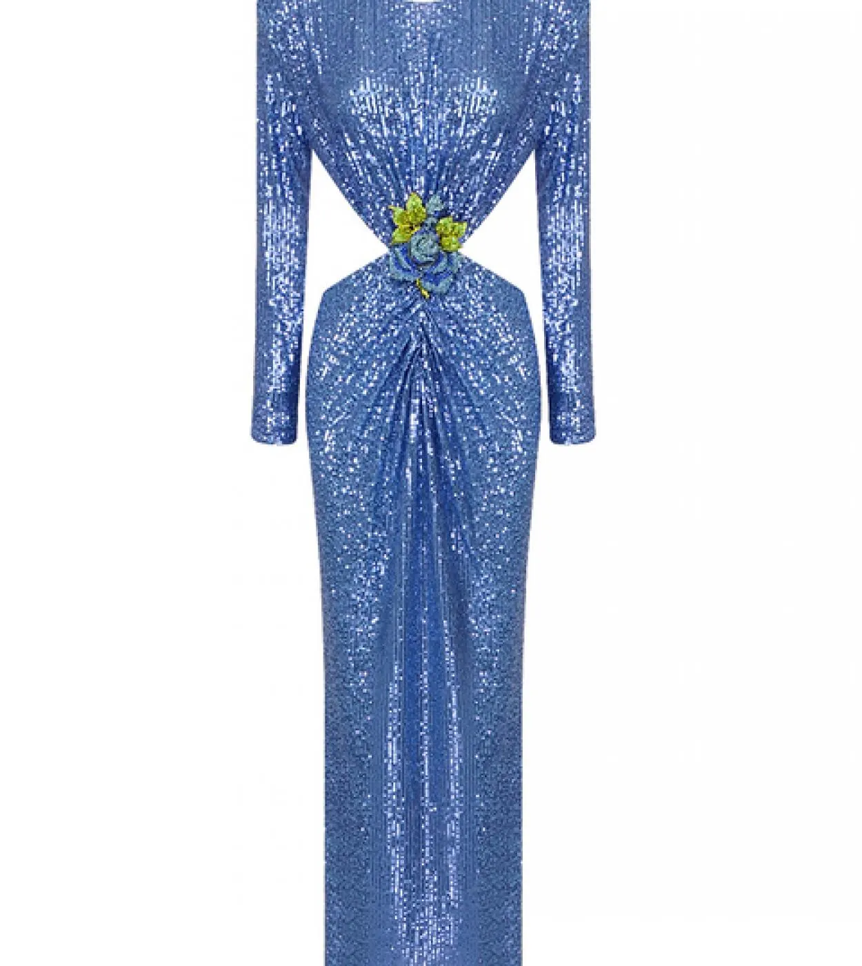 Abito lungo senza schienale con paillettes lucide Elegante abito lungo con fibbia a fiori a maniche lunghe con un collo elegante