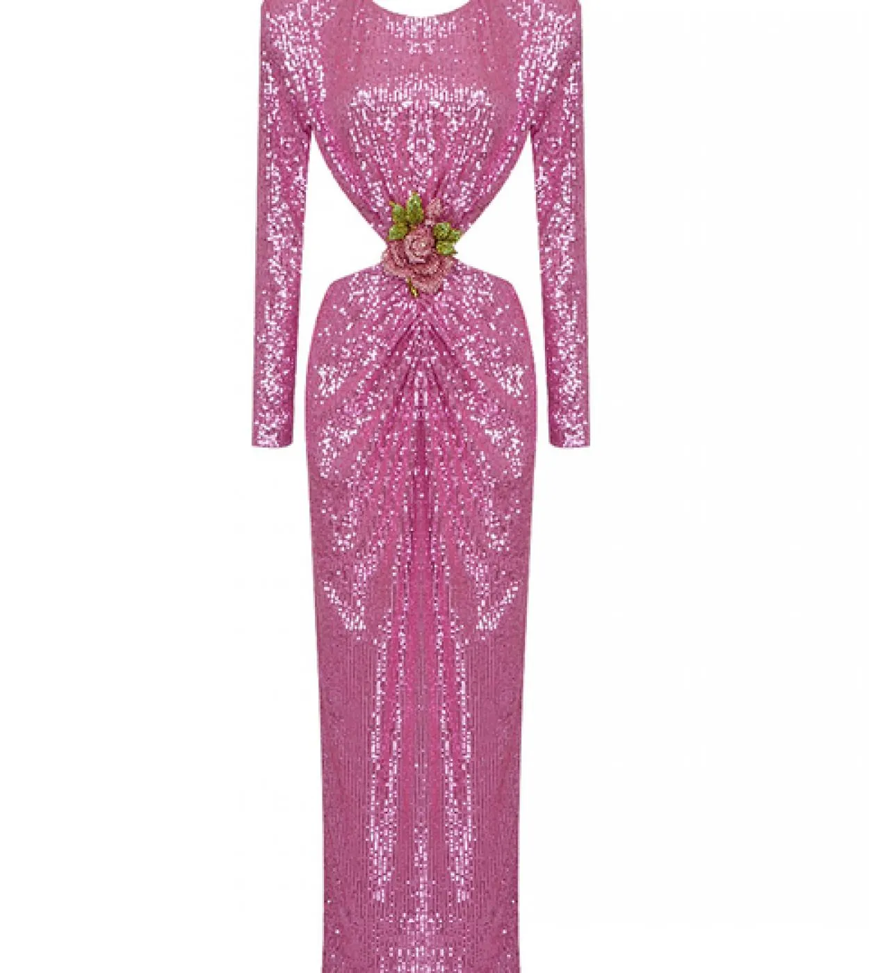 Abito lungo senza schienale con paillettes lucide Elegante abito lungo con fibbia a fiori a maniche lunghe con un collo elegante