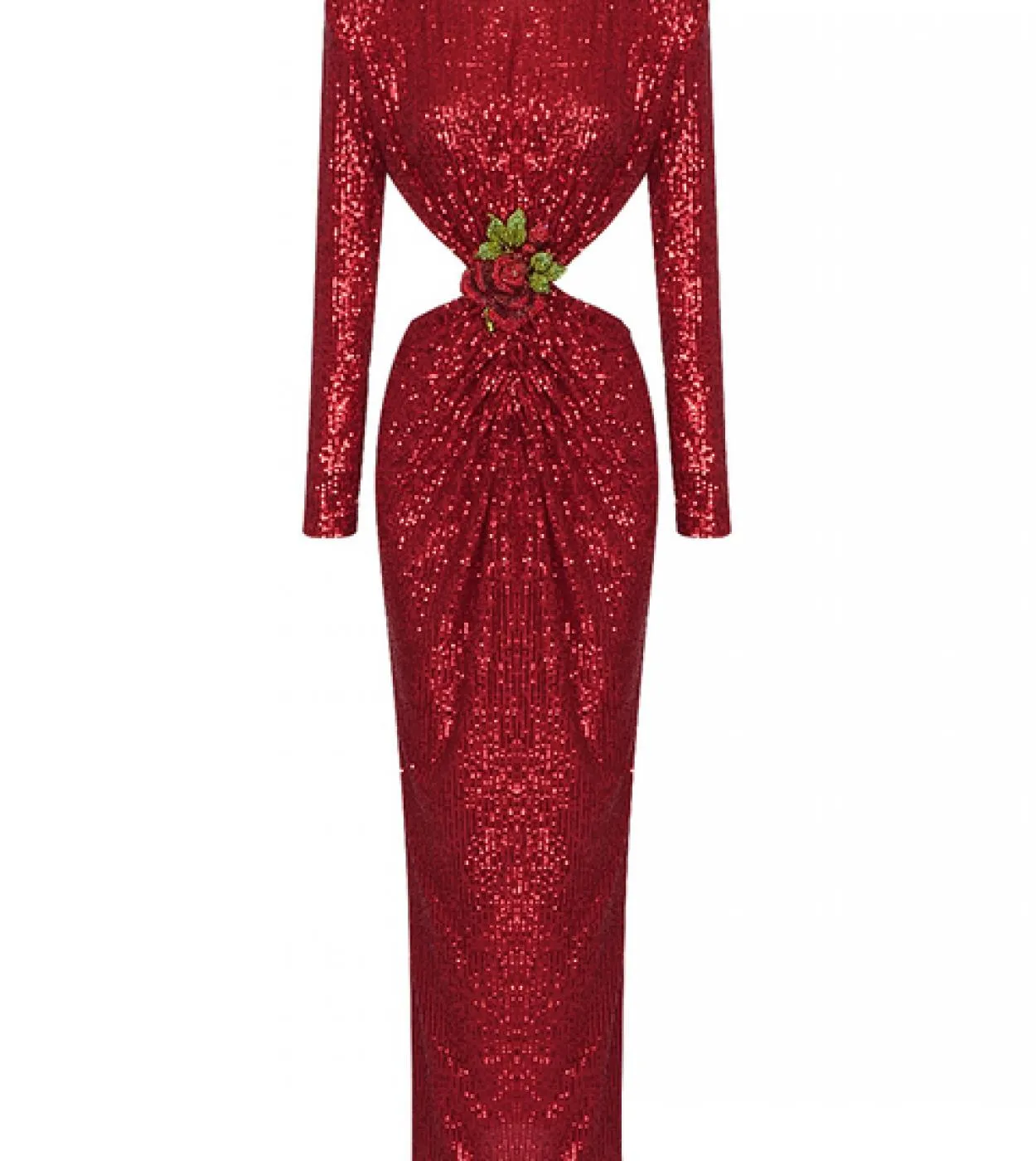 Abito lungo senza schienale con paillettes lucide Elegante abito lungo con fibbia a fiori a maniche lunghe con un collo elegante