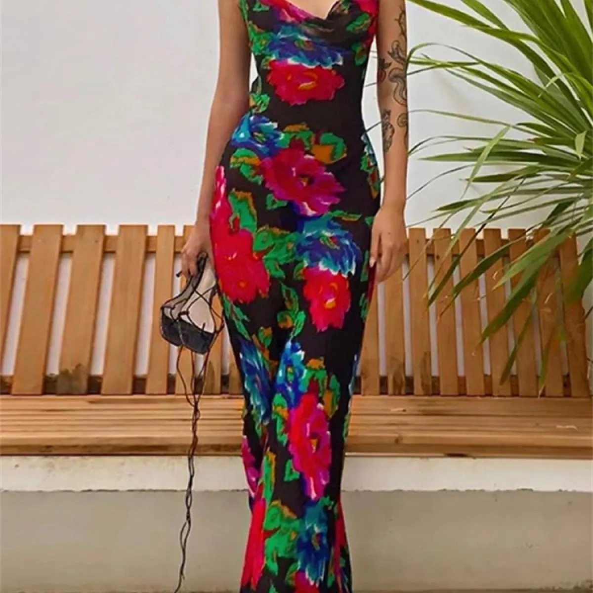 Abito lungo senza schienale stampato a righe per donna Spaghetti Slim Fashion Elegante abito lungo da festa Abito Boho Sum