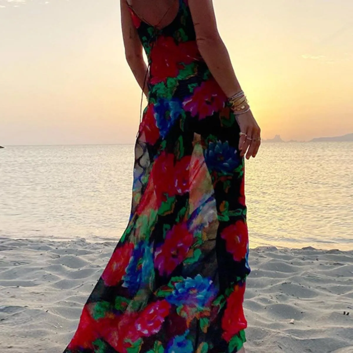 Abito lungo senza schienale stampato a righe per donna Spaghetti Slim Fashion Elegante abito lungo da festa Abito Boho Sum