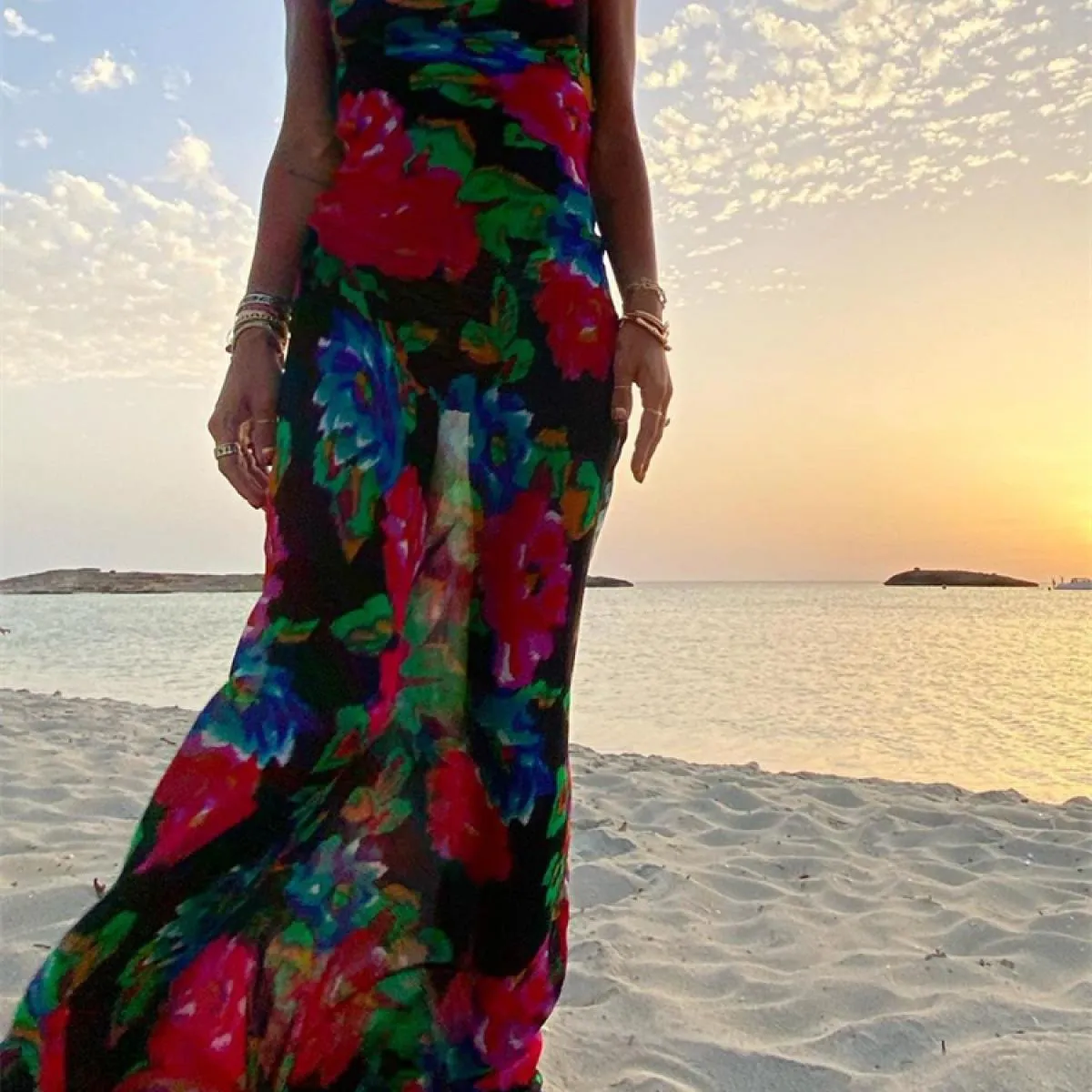 Abito lungo senza schienale stampato a righe per donna Spaghetti Slim Fashion Elegante abito lungo da festa Abito Boho Sum
