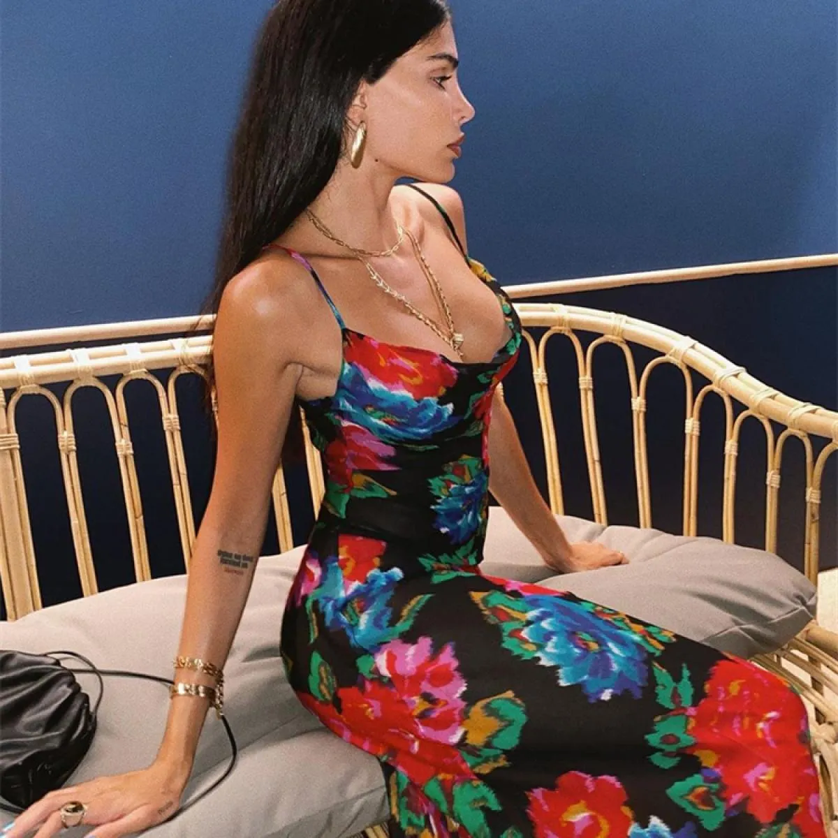Abito lungo senza schienale stampato a righe per donna Spaghetti Slim Fashion Elegante abito lungo da festa Abito Boho Sum