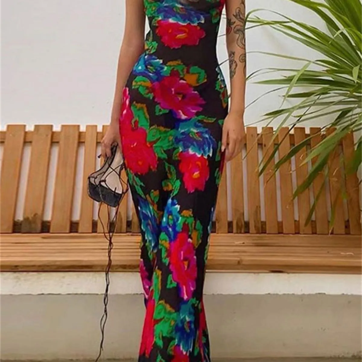 Abito lungo senza schienale stampato a righe per donna Spaghetti Slim Fashion Elegante abito lungo da festa Abito Boho Sum