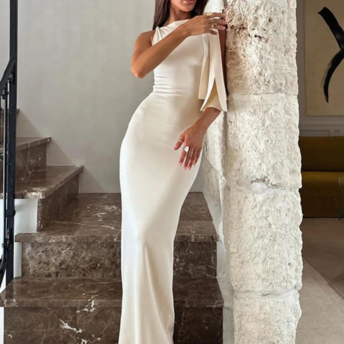 Abito lungo slim con lacci Abito da donna avvolgente sull'anca senza maniche Colletto diagonale Solido Elegante abito da s