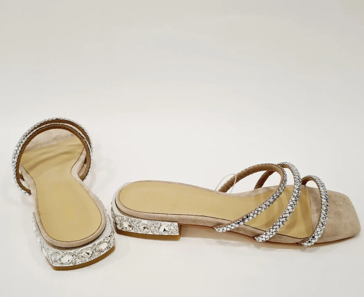 Alma en Pena sandalo camoscio beige tacco alto 3 cm pietre e punti luce cristallo  rif.49