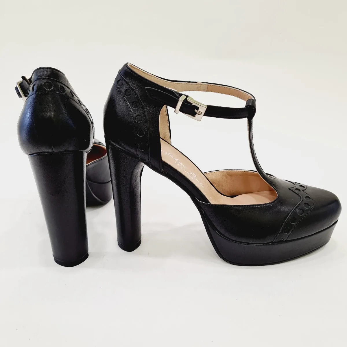 ANDREA PINTO DECOLTE' CINTURINO FORMA A T TACCO ALTO 12 CM. PLATEAU 3 CM.PELLE NERO RIF.558
