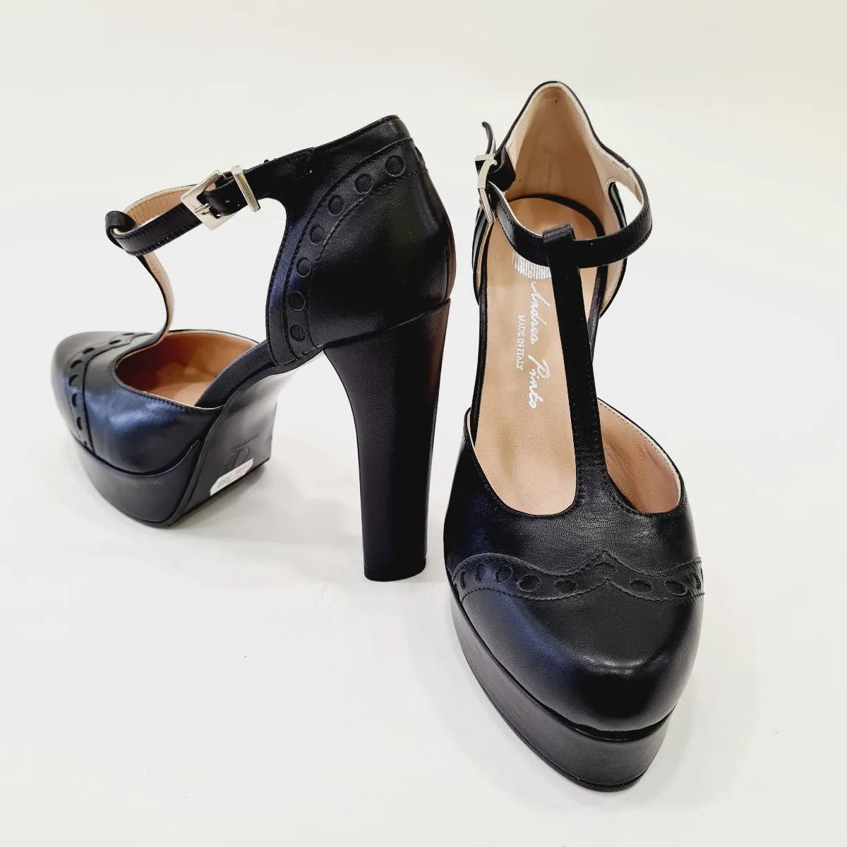 ANDREA PINTO DECOLTE' CINTURINO FORMA A T TACCO ALTO 12 CM. PLATEAU 3 CM.PELLE NERO RIF.558