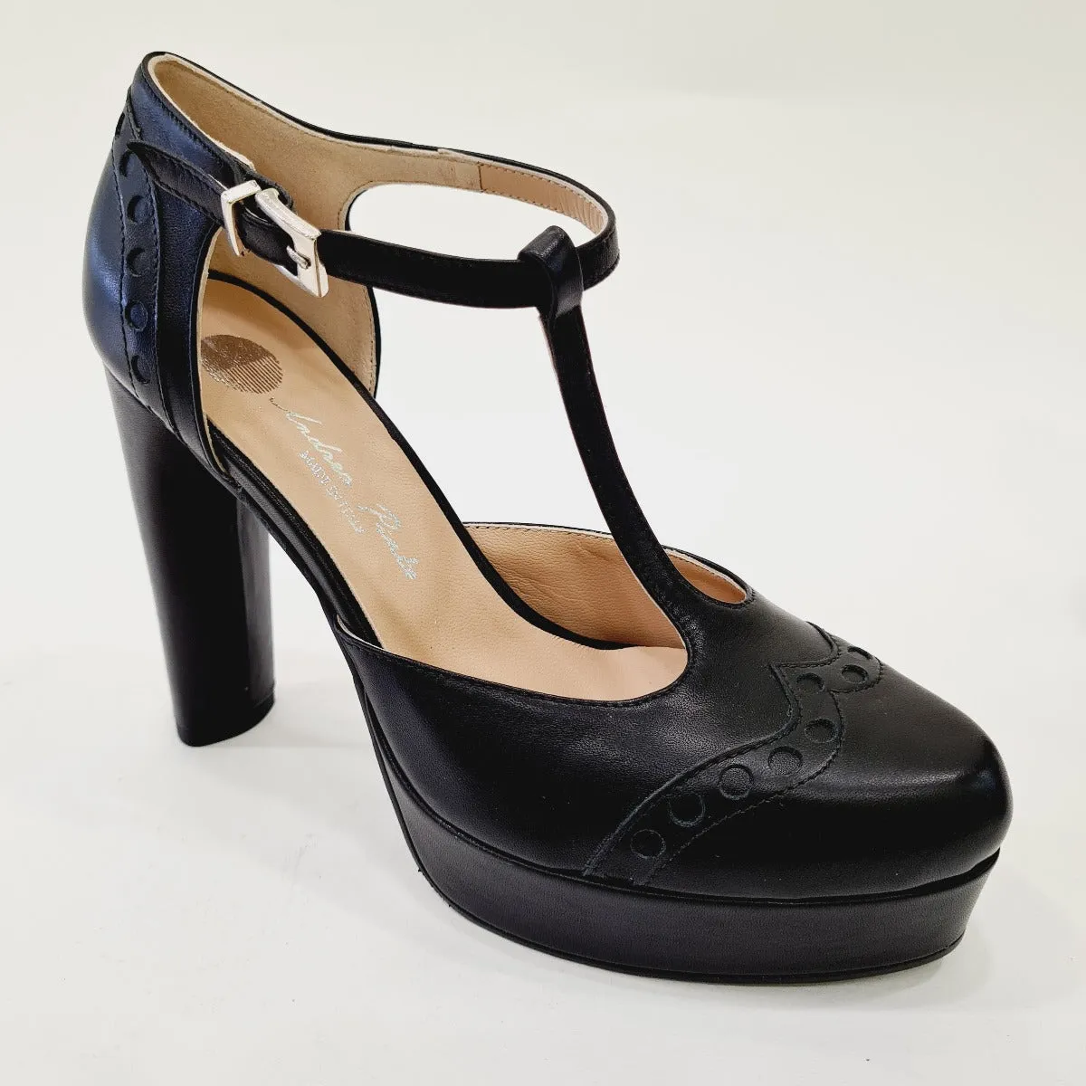 ANDREA PINTO DECOLTE' CINTURINO FORMA A T TACCO ALTO 12 CM. PLATEAU 3 CM.PELLE NERO RIF.558