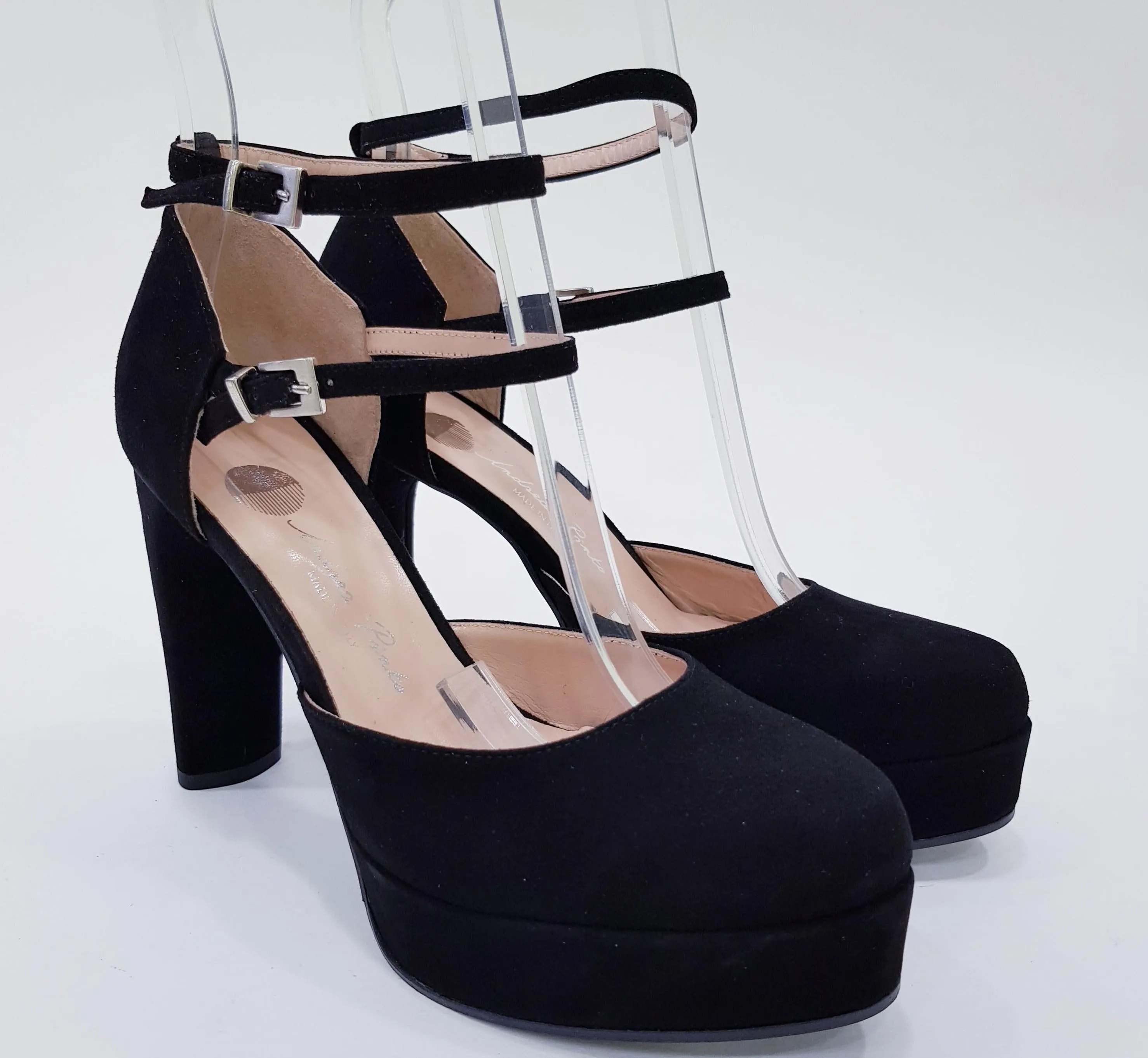 ANDREA PINTO DECOLTE' DOPPIO CINTURINO TACCO ALTO 10 CM. PLATEAU 2 CM.CAMOSCIO NERO RIF.864