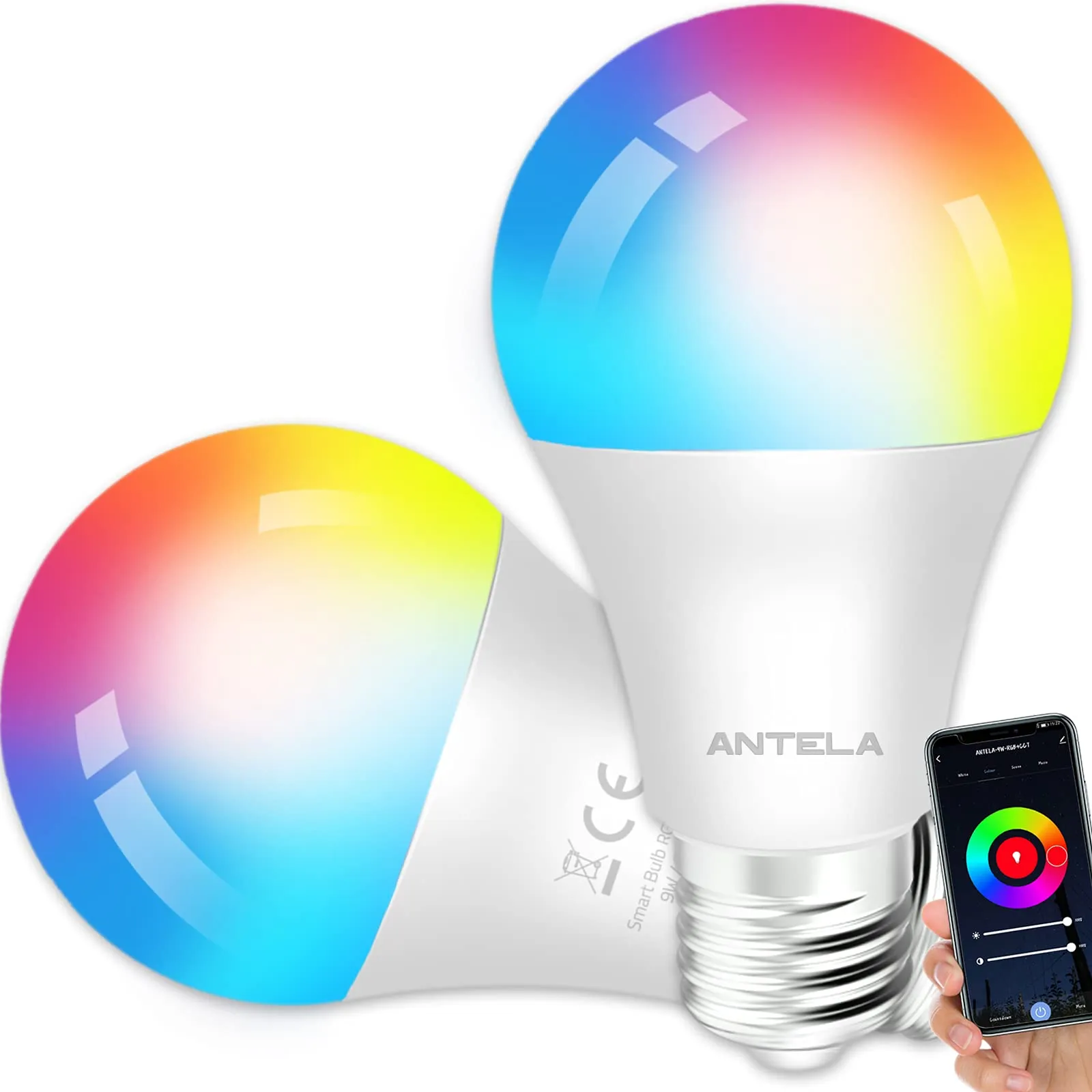 ANTELA Lampadine LED Alexa Inteligente WiFi E27, Dimmerabile Lampadina Smart 9W 806ML 80W equivalente, RGB & 2700K-6500K bianco 