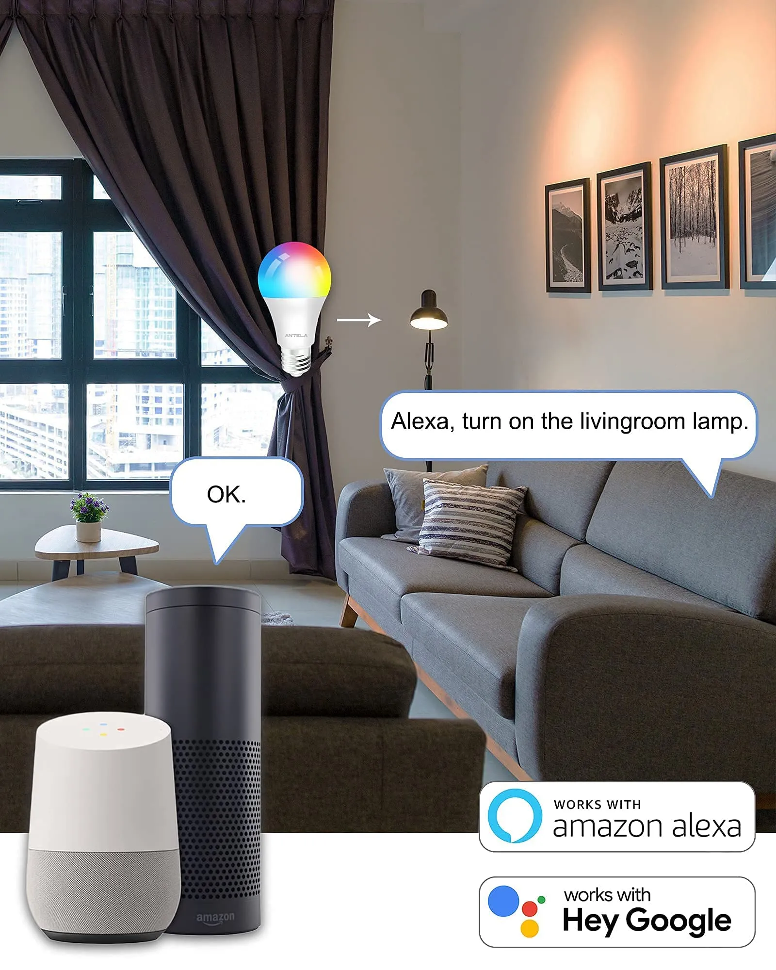 ANTELA Lampadine LED Alexa Inteligente WiFi E27, Dimmerabile Lampadina Smart 9W 806ML 80W equivalente, RGB & 2700K-6500K bianco 