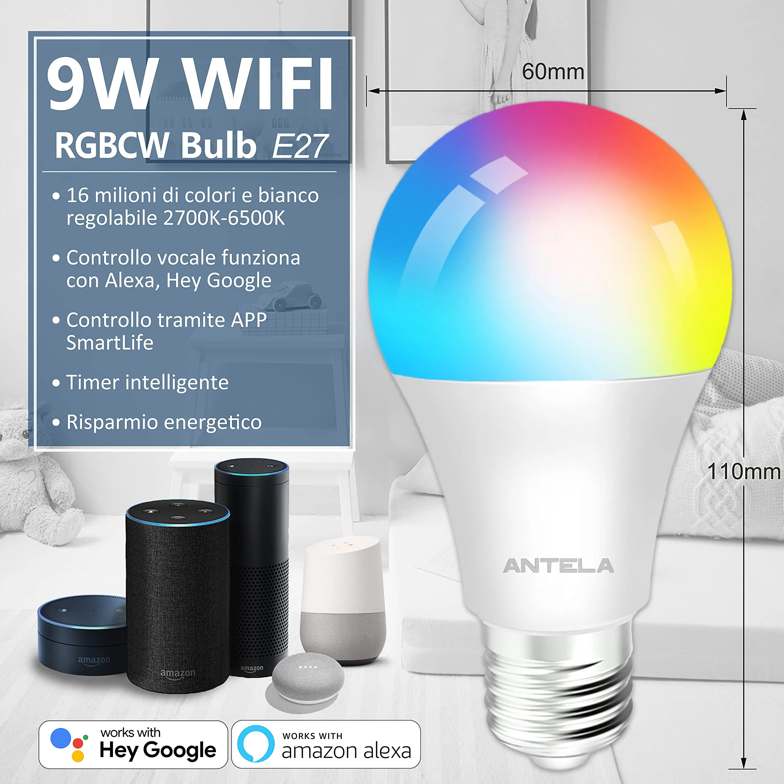 ANTELA Lampadine LED Alexa Inteligente WiFi E27, Dimmerabile Lampadina Smart 9W 806ML 80W equivalente, RGB & 2700K-6500K bianco 