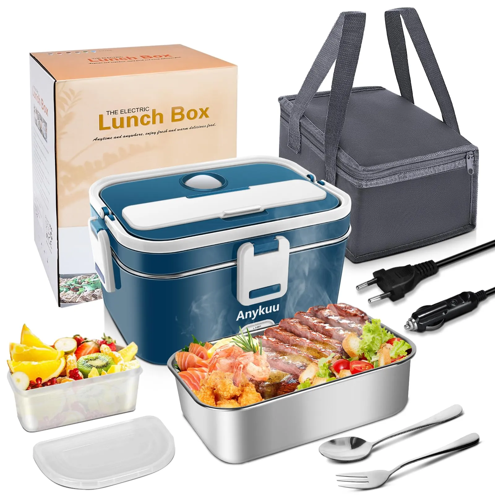 Anykuu 60 W Scaldavivande Elettrico Portatile 1.8L Porta Pranzo Termico 3 in 1(12V/24V/220V) per Auto Camion e Ufficio Lunch Box