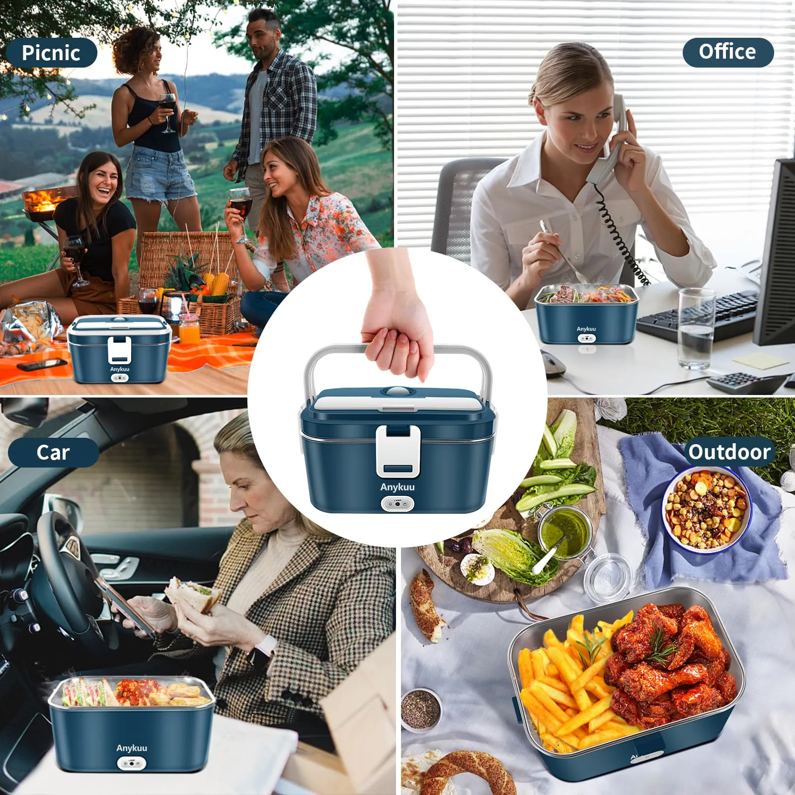 Anykuu 60 W Scaldavivande Elettrico Portatile 1.8L Porta Pranzo Termico 3 in 1(12V/24V/220V) per Auto Camion e Ufficio Lunch Box