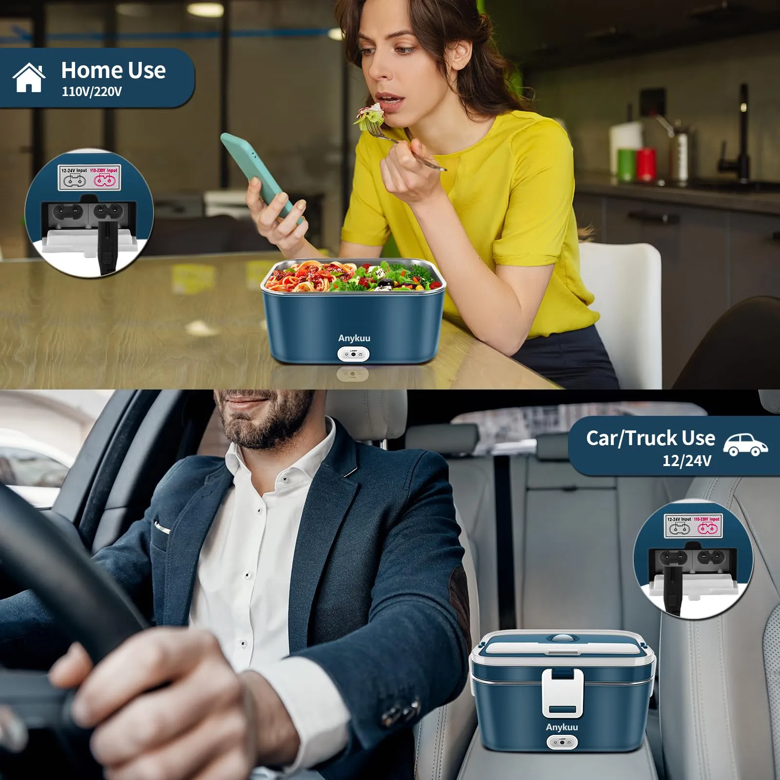 Anykuu 60 W Scaldavivande Elettrico Portatile 1.8L Porta Pranzo Termico 3 in 1(12V/24V/220V) per Auto Camion e Ufficio Lunch Box